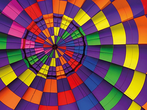The inside view of a multicoloured hot air balloon