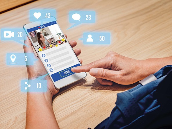 person using smart phone with 3d speech buttons coming out of phone