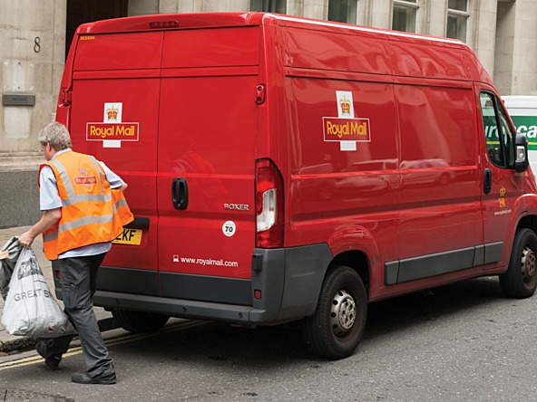 a royal mail delivery van with a royal mail work in an orange high vis jacket